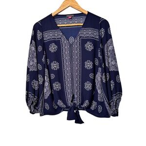 Vince Camuto Navy Blue Paisley Print Tie Front Long Sleeve Blouse Women's Size S
